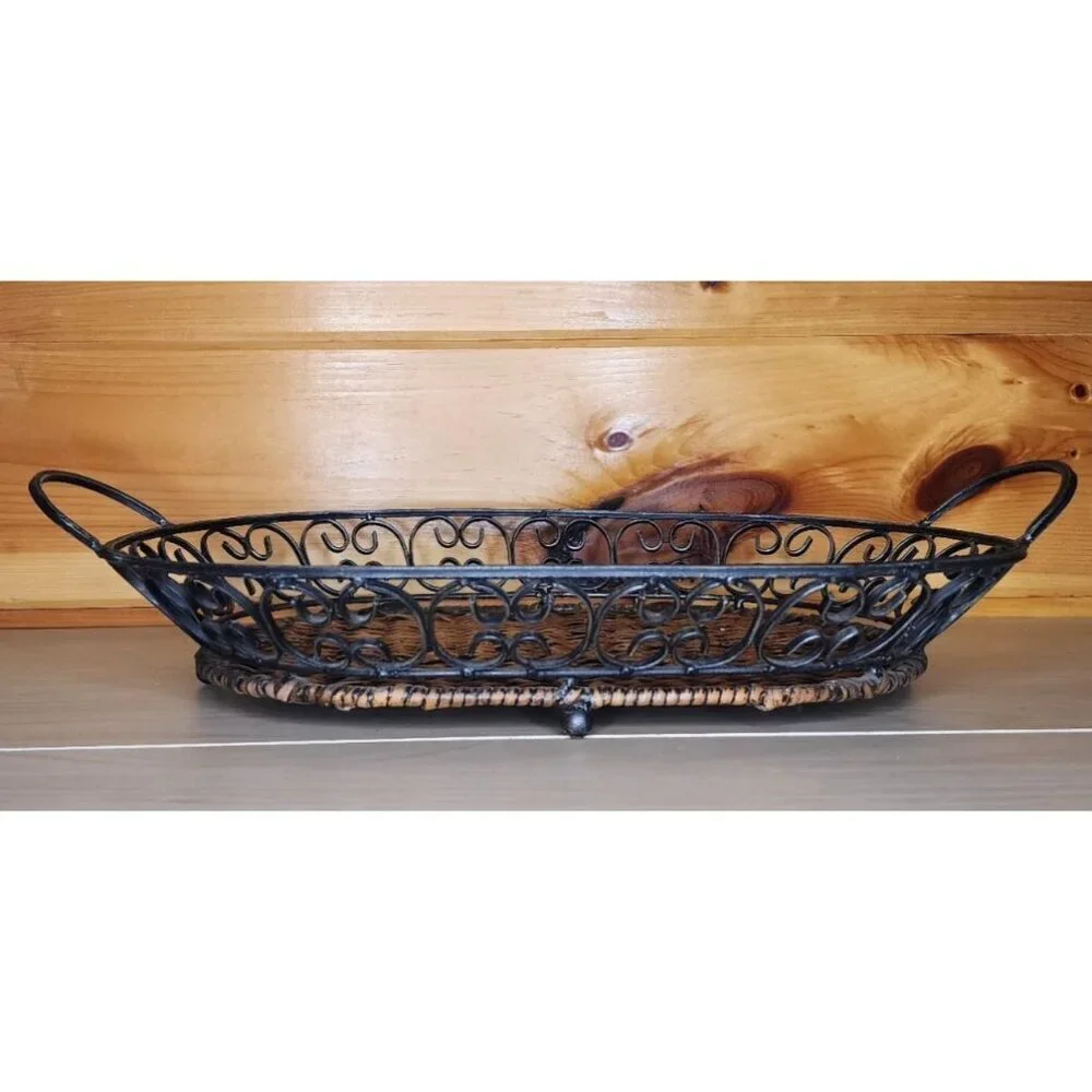 Metal and Wicker Serving Tray with Handles Distressed Farmhouse Decor Basket